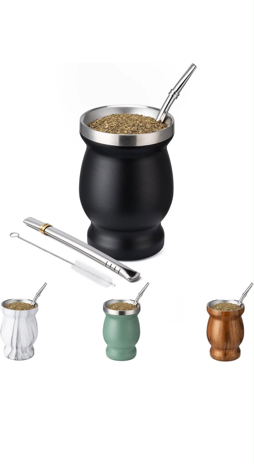 Set de Mate de Acero Inoxidable 8oz – Negro, con 2 Bombillas y Cepillo Limpiador