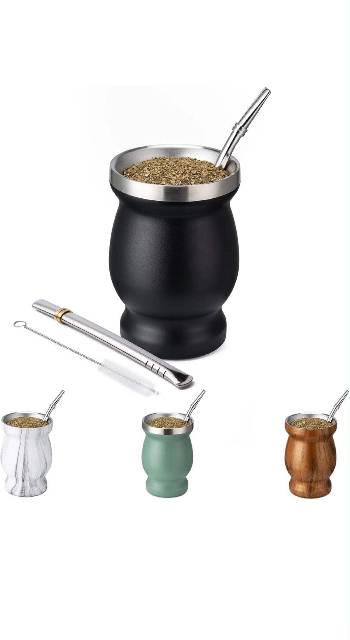 Set de Mate de Acero Inoxidable 8oz – Negro, con 2 Bombillas y Cepillo Limpiador