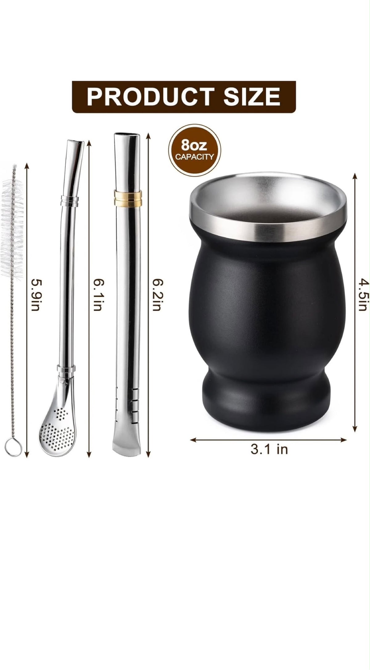Set de Mate de Acero Inoxidable 8oz – Negro, con 2 Bombillas y Cepillo Limpiador