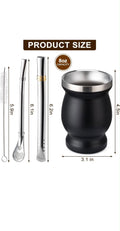 Set de Mate de Acero Inoxidable 8oz – Negro, con 2 Bombillas y Cepillo Limpiador