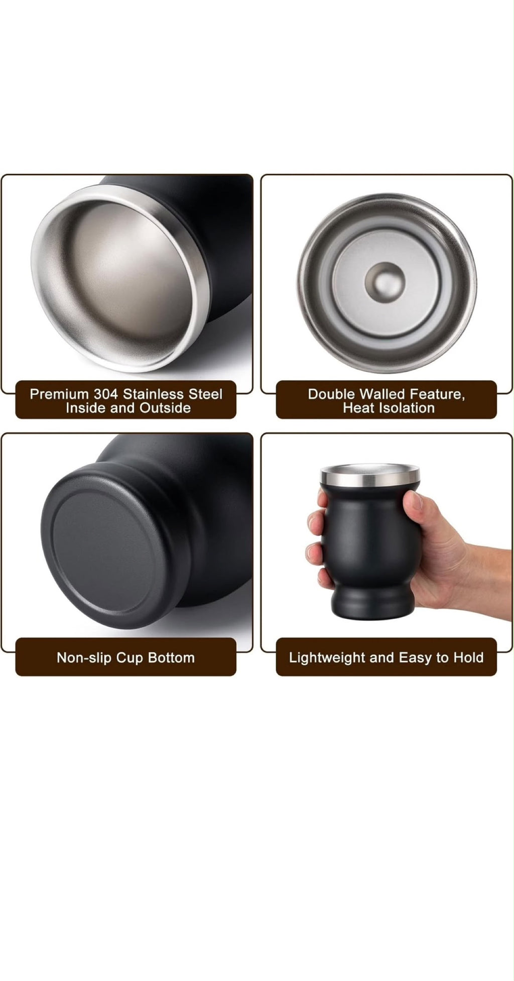 Set de Mate de Acero Inoxidable 8oz – Negro, con 2 Bombillas y Cepillo Limpiador